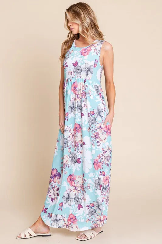 BOMBOM Floral Round Neck Sleeveless Maxi Dress with Pockets