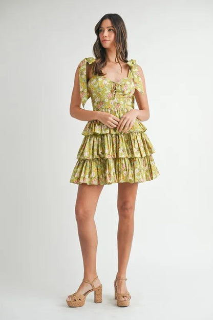MABLE Floral Print Shoulder Tie Layered Mini Dress