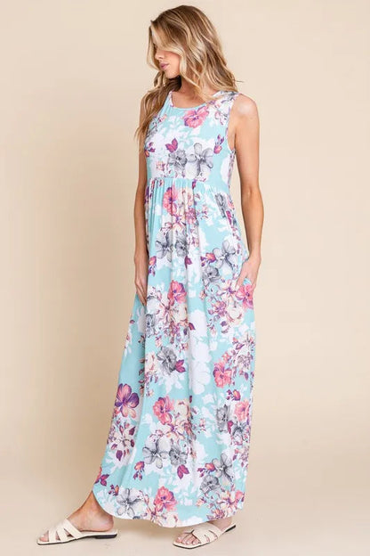 BOMBOM Floral Round Neck Sleeveless Maxi Dress with Pockets