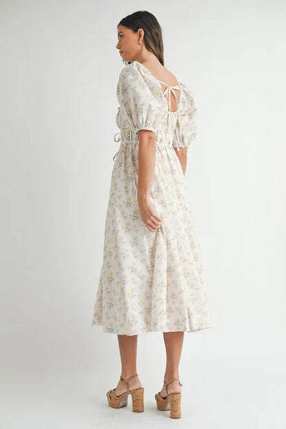 MABLE Floral Drawstring Detail Puff Sleeve Midi Dress